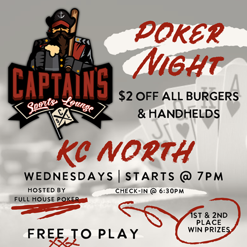Photo that says captain's sports lounge with info about poker night on Wednesdays 