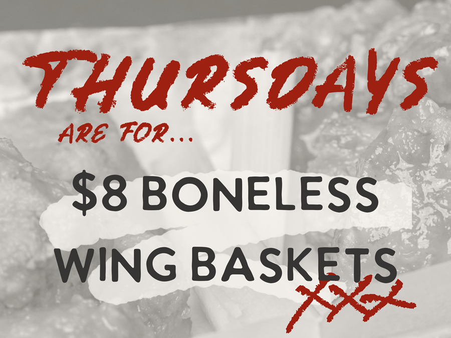 black and white photo of wings with text that reads Thursdays are for $8 boneless wing baskets